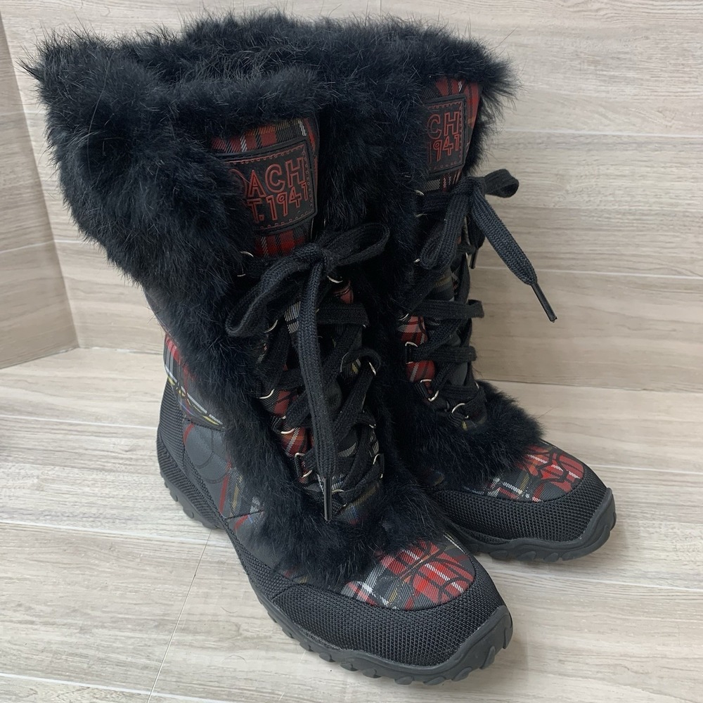 Coach Jennie Fur Lace Winter Boots Black Red Plaid Women's Size 6.5B - Picture 1 of 9